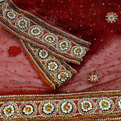 Indian Vintage Heavy Wedding Maroon Dupatta Net Mesh Long Stole Hand Embroidered Scarves Golden Zardozi Zari Sequins Dridal Veil Hijab