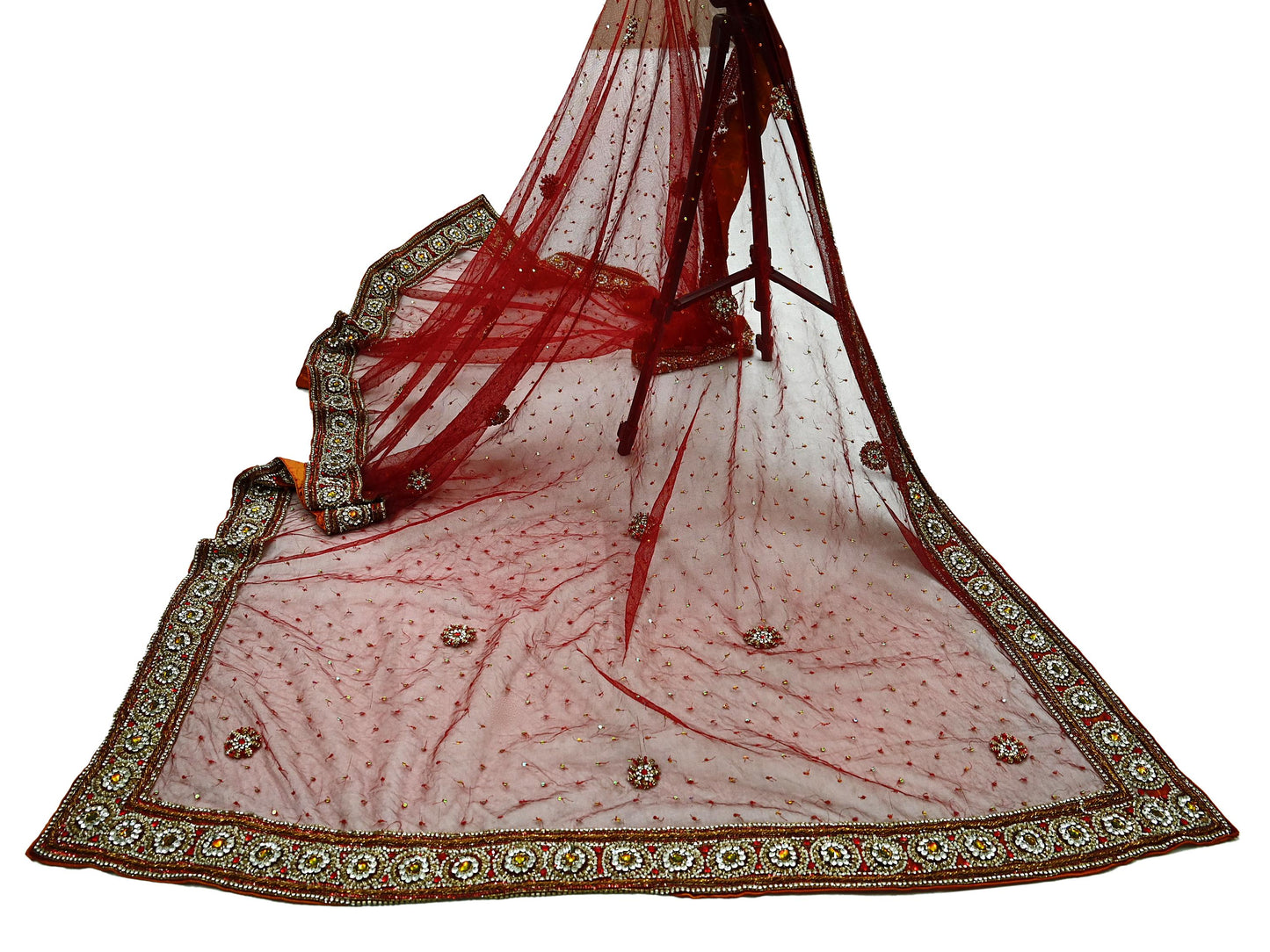 Indian Vintage Heavy Wedding Maroon Dupatta Net Mesh Long Stole Hand Embroidered Scarves Golden Zardozi Zari Sequins Dridal Veil Hijab
