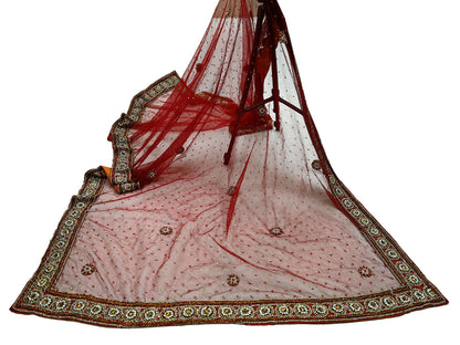Indian Vintage Heavy Wedding Maroon Dupatta Net Mesh Long Stole Hand Embroidered Scarves Golden Zardozi Zari Sequins Dridal Veil Hijab