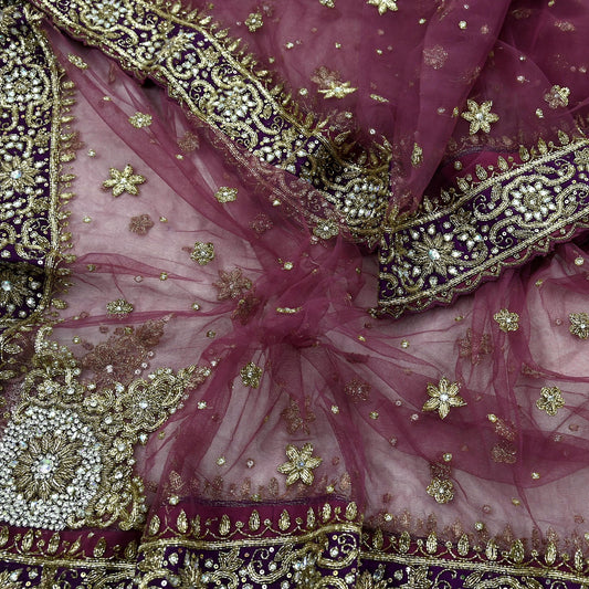 Indian Vintage Heavy Bridal Dupatta Purple Net Mesh Long Stole Hand Embroidered Scarves Sequins Glass Bead Wedding veil Wrap Boho