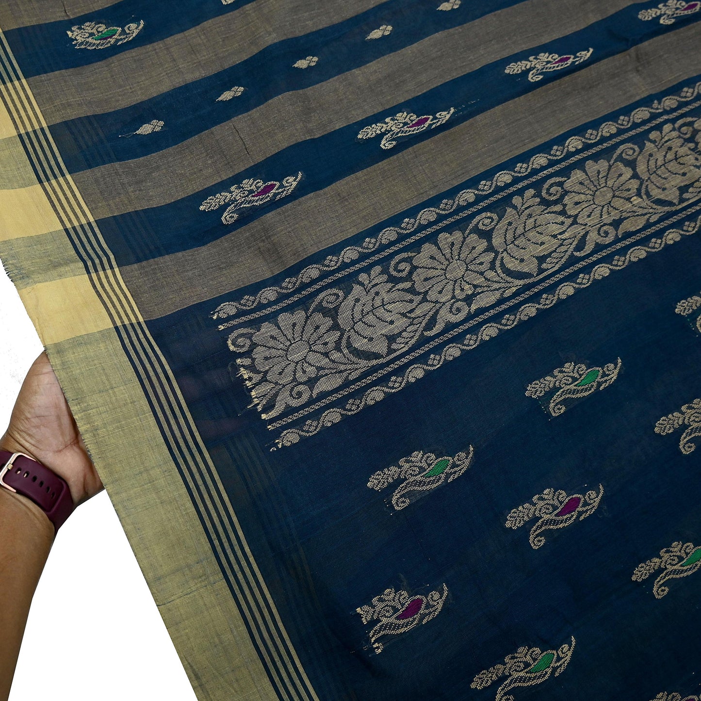 Indian Vintage Sari Green & Beige Pure Cotton Hand Woven Sarees Craft Fabric 5yd Ethnic Paisley Crafting Upcycle Quilting Dress Making