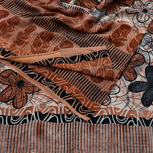 Indian Vintage Sari Peach & Brown Pure Georgette Silk Printed Sarees 5Yd Craft Fabric Sewing Quilting Dress making Crafting Dress Designing