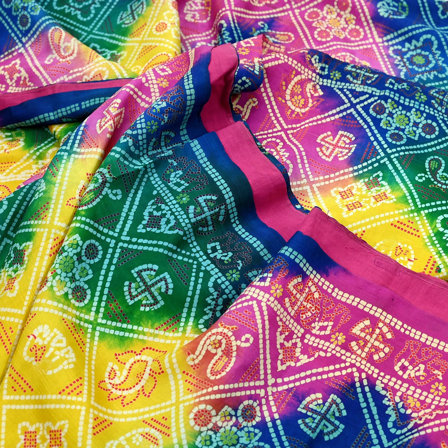 Indian Vintage Sari Multi Pure Silk Bandhani Tie Dye Printed Sarees Craft Fabric 6yd Sewing Traditional Culture Sari Ethnic Dress making