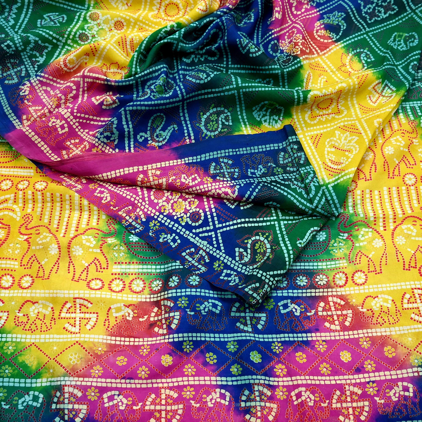 Indian Vintage Sari Multi Pure Silk Bandhani Tie Dye Printed Sarees Craft Fabric 6yd Sewing Traditional Culture Sari Ethnic Dress making