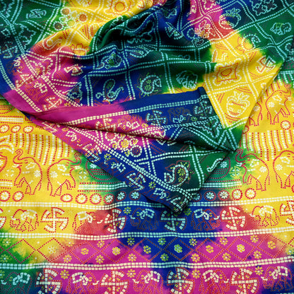 Indian Vintage Sari Multi Pure Silk Bandhani Tie Dye Printed Sarees Craft Fabric 6yd Sewing Traditional Culture Sari Ethnic Dress making