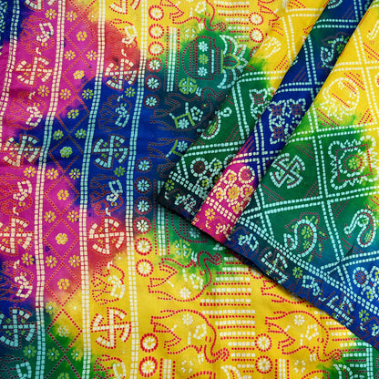 Indian Vintage Sari Multi Pure Silk Bandhani Tie Dye Printed Sarees Craft Fabric 6yd Sewing Traditional Culture Sari Ethnic Dress making