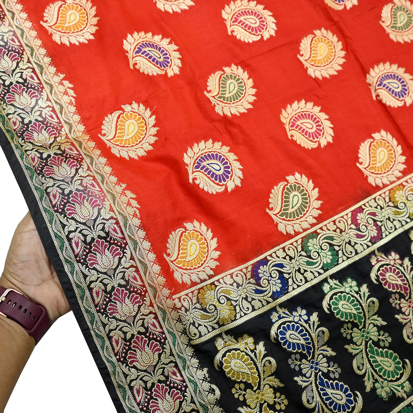 Indian Vintage Black & Red Dupatta Long Stole Art Silk Woven Brocade Scarves Veil Scarf Wrap Hippie Boho Soft Floral