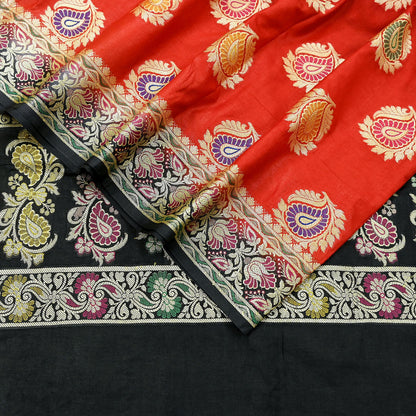 Indian Vintage Black & Red Dupatta Long Stole Art Silk Woven Brocade Scarves Veil Scarf Wrap Hippie Boho Soft Floral