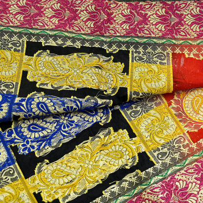 Indian Vintage Black & Red Dupatta Long Stole Art Silk Woven Brocade Scarves Veil Scarf Wrap Hippie Boho Soft Floral