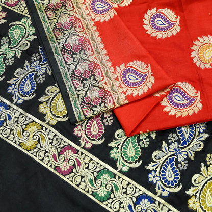 Indian Vintage Black & Red Dupatta Long Stole Art Silk Woven Brocade Scarves Veil Scarf Wrap Hippie Boho Soft Floral