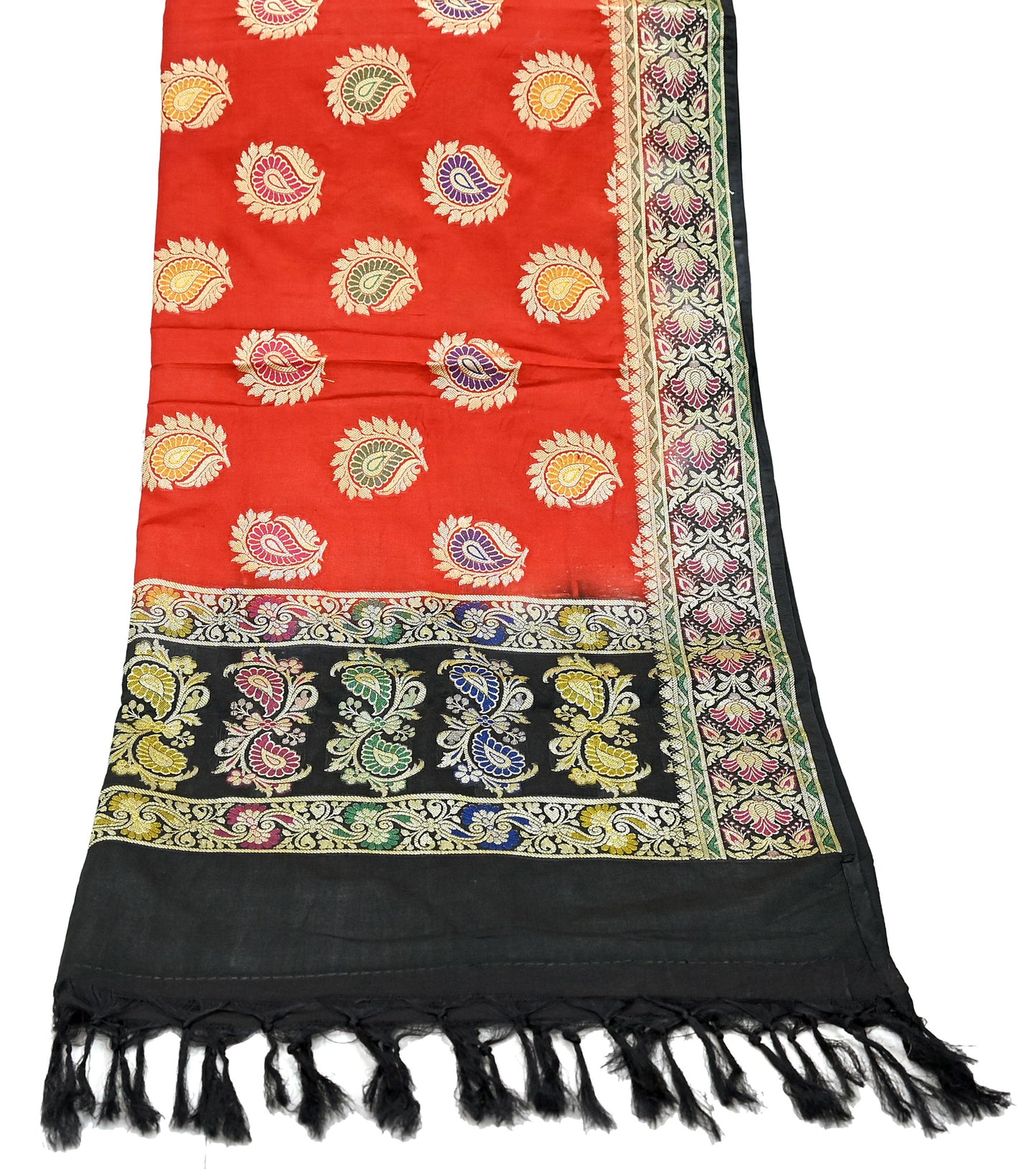 Indian Vintage Black & Red Dupatta Long Stole Art Silk Woven Brocade Scarves Veil Scarf Wrap Hippie Boho Soft Floral