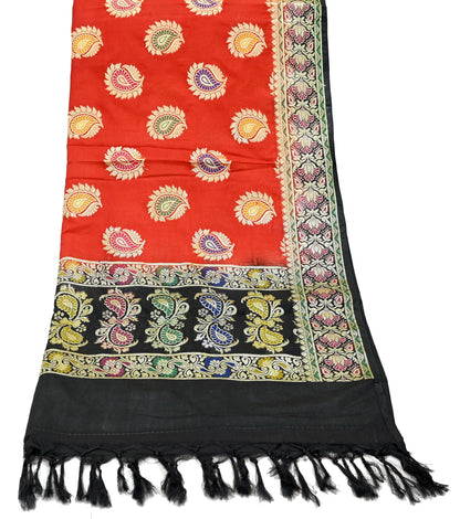 Indian Vintage Black & Red Dupatta Long Stole Art Silk Woven Brocade Scarves Veil Scarf Wrap Hippie Boho Soft Floral