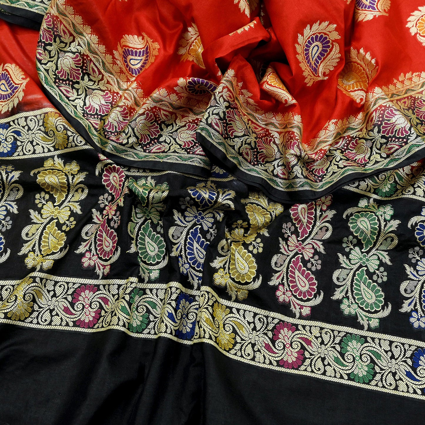 Indian Vintage Black & Red Dupatta Long Stole Art Silk Woven Brocade Scarves Veil Scarf Wrap Hippie Boho Soft Floral