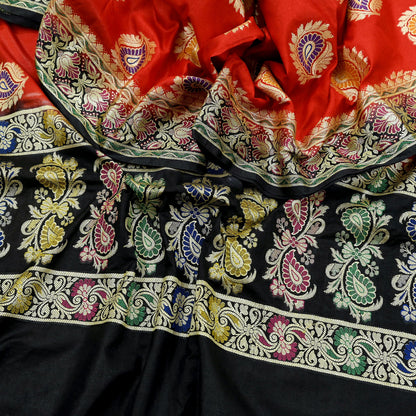 Indian Vintage Black & Red Dupatta Long Stole Art Silk Woven Brocade Scarves Veil Scarf Wrap Hippie Boho Soft Floral