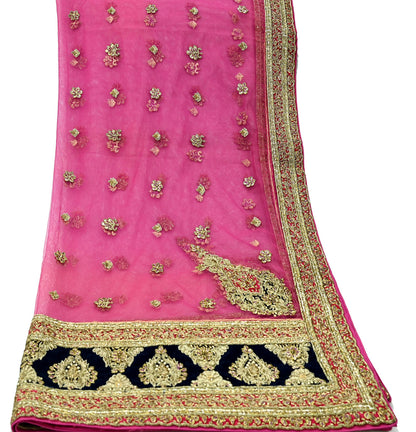 Indian Vintage Heavy Bridal Pink Dupatta Net Mesh Long Stole Hand Embroidered Scarves Golden Zardozi Dabka Zari Sequins Wedding Veil Hijab
