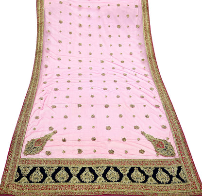 Indian Vintage Heavy Bridal Pink Dupatta Net Mesh Long Stole Hand Embroidered Scarves Golden Zardozi Dabka Zari Sequins Wedding Veil Hijab