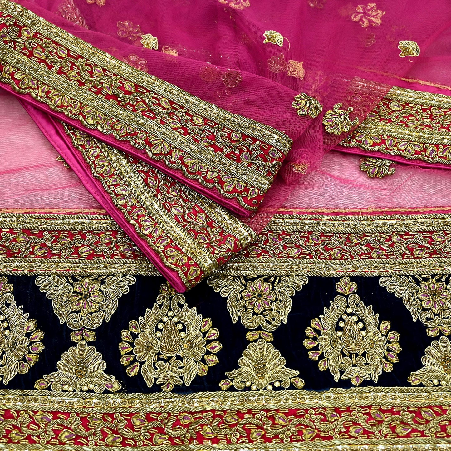 Indian Vintage Heavy Bridal Pink Dupatta Net Mesh Long Stole Hand Embroidered Scarves Golden Zardozi Dabka Zari Sequins Wedding Veil Hijab