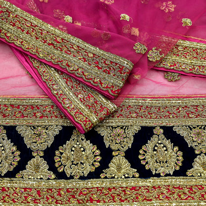 Indian Vintage Heavy Bridal Pink Dupatta Net Mesh Long Stole Hand Embroidered Scarves Golden Zardozi Dabka Zari Sequins Wedding Veil Hijab