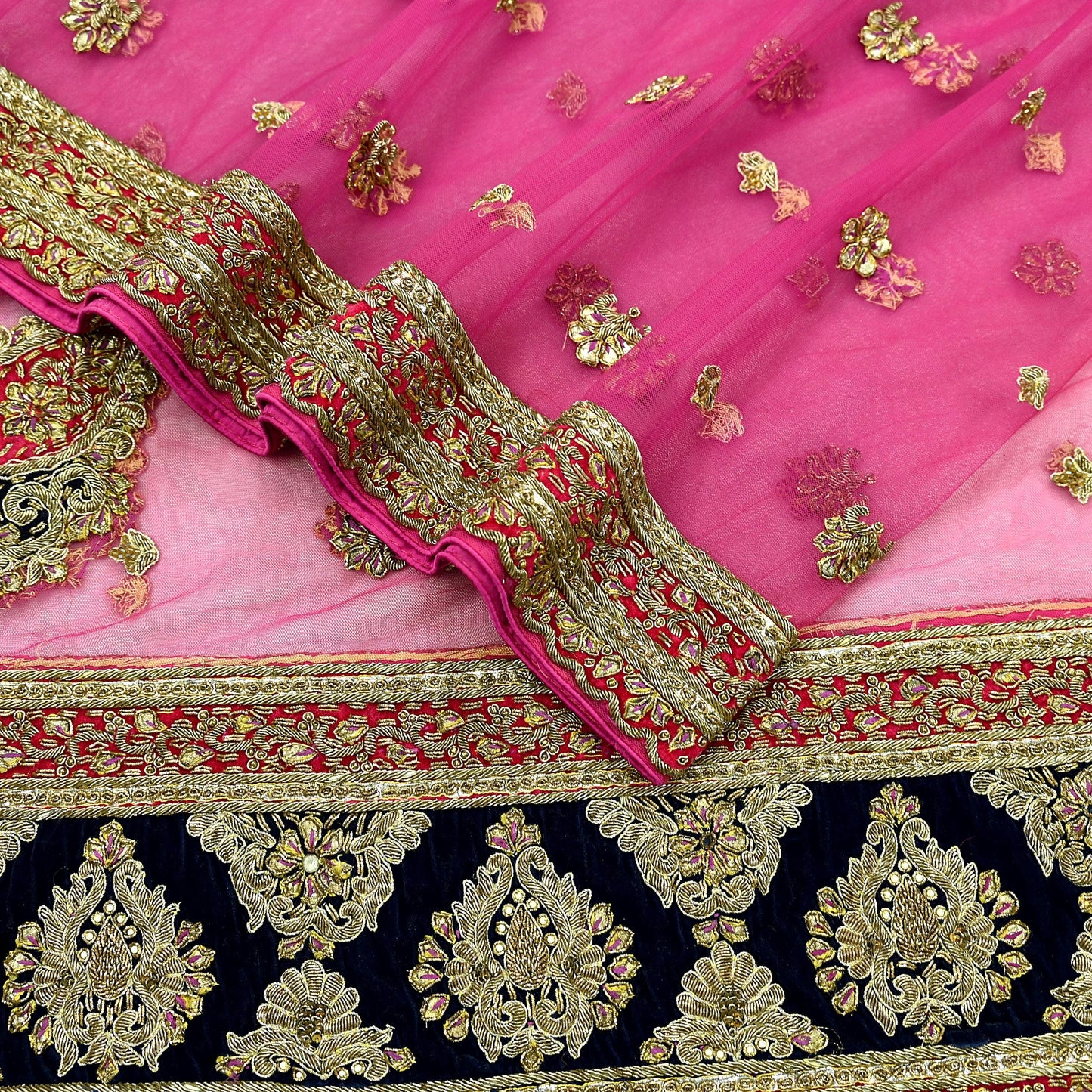 Indian Vintage Heavy Bridal Pink Dupatta Net Mesh Long Stole Hand Embroidered Scarves Golden Zardozi Dabka Zari Sequins Wedding Veil Hijab