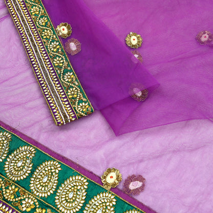 Indian Vintage Heavy Wedding Purple Dupatta Net Mesh Long Stole Hand Embroidered Scarves Golden Zardozi Dabka Zari Stole