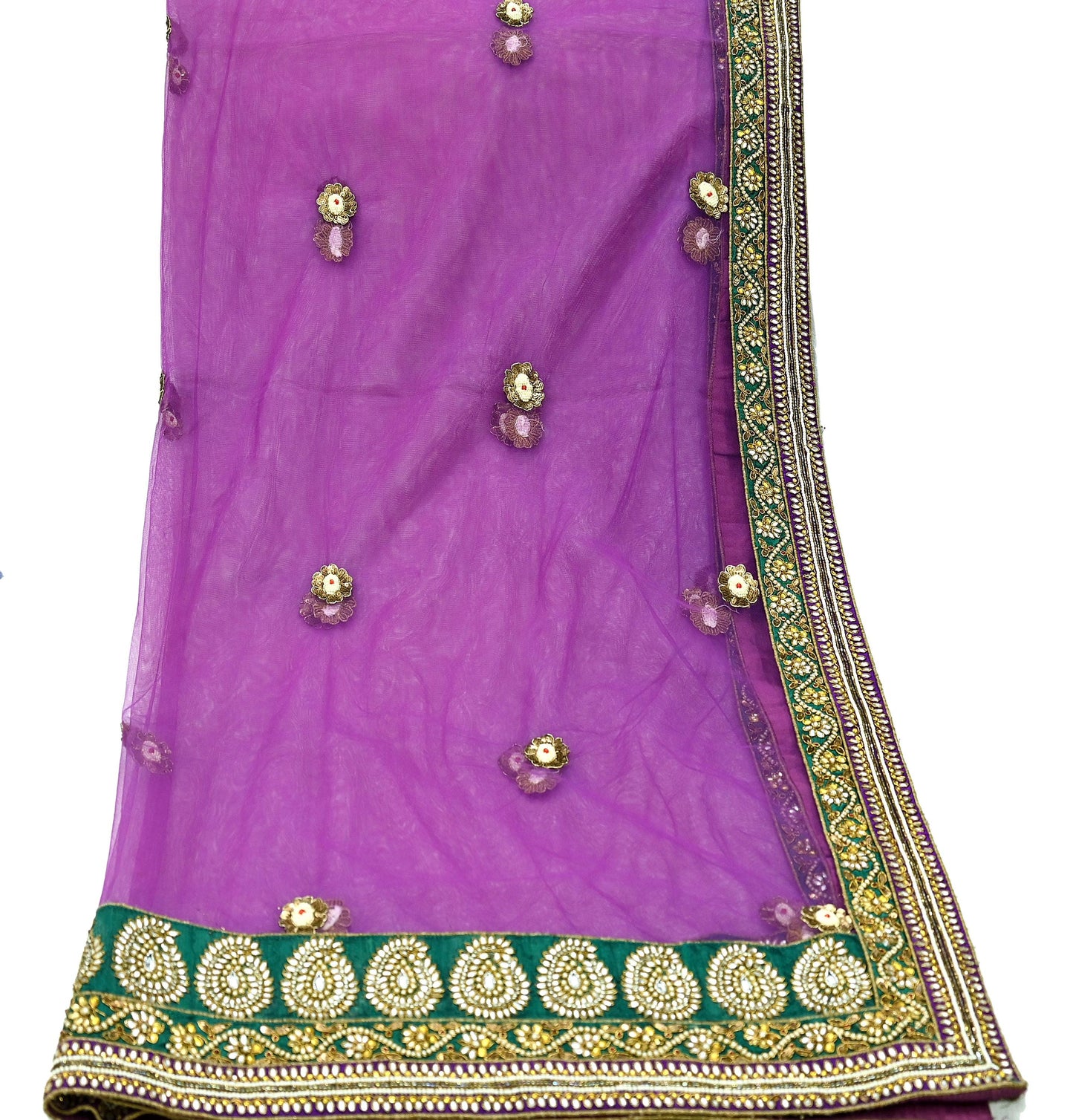 Indian Vintage Heavy Wedding Purple Dupatta Net Mesh Long Stole Hand Embroidered Scarves Golden Zardozi Dabka Zari Stole