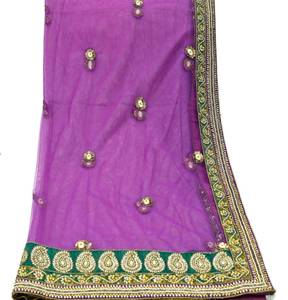 Indian Vintage Heavy Wedding Purple Dupatta Net Mesh Long Stole Hand Embroidered Scarves Golden Zardozi Dabka Zari Stole