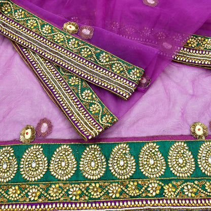 Indian Vintage Heavy Wedding Purple Dupatta Net Mesh Long Stole Hand Embroidered Scarves Golden Zardozi Dabka Zari Stole