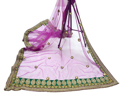Indian Vintage Heavy Wedding Purple Dupatta Net Mesh Long Stole Hand Embroidered Scarves Golden Zardozi Dabka Zari Stole