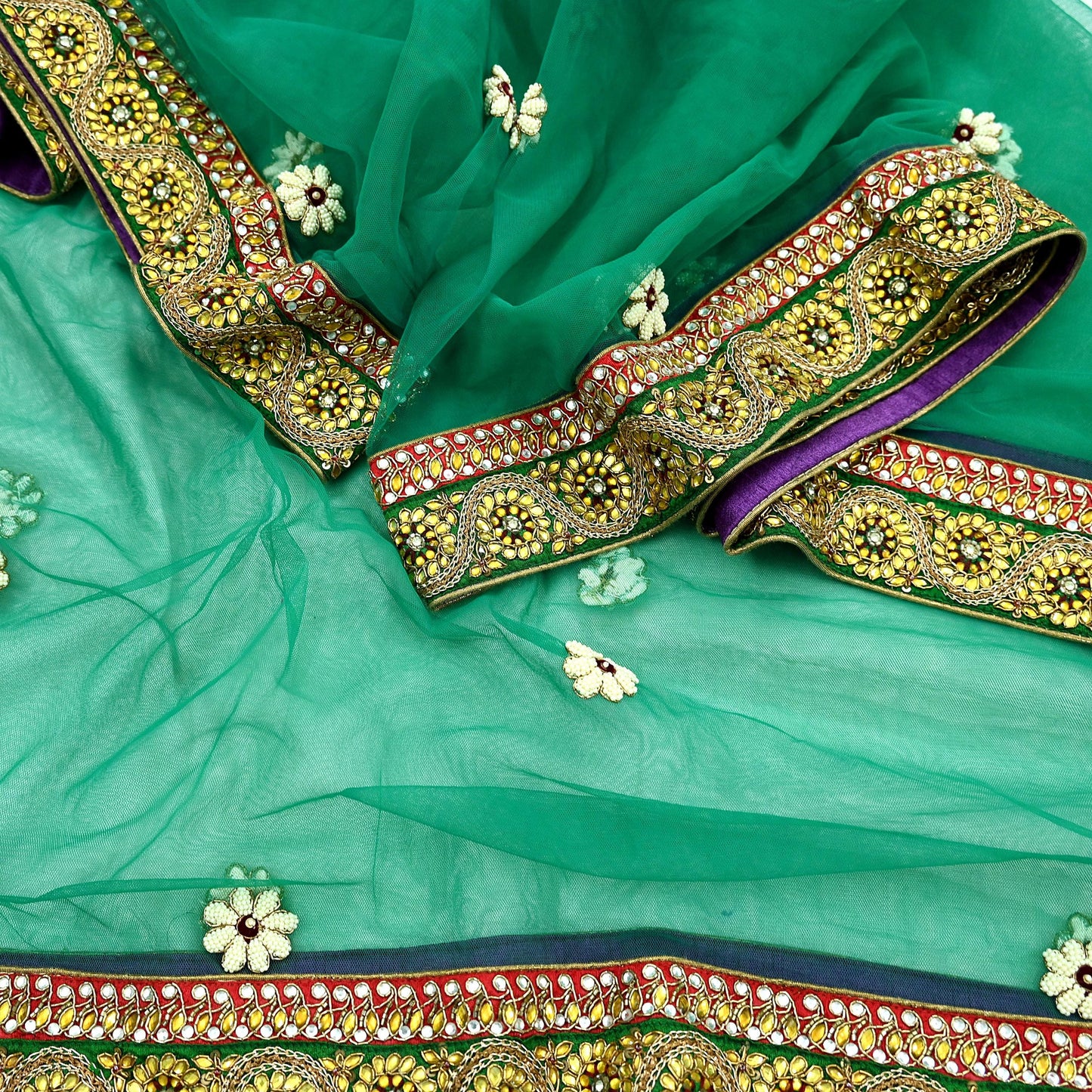 Indian Vintage Heavy Bridal Green Net Dupatta | Hand Embroidered Zardozi Zari Sequins Stole | Floral Design Hijab Veil | Wedding/Party Wear