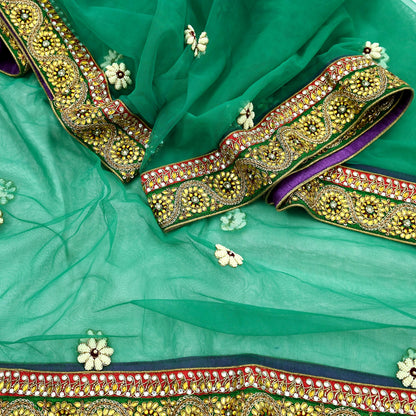 Indian Vintage Heavy Bridal Green Net Dupatta | Hand Embroidered Zardozi Zari Sequins Stole | Floral Design Hijab Veil | Wedding/Party Wear