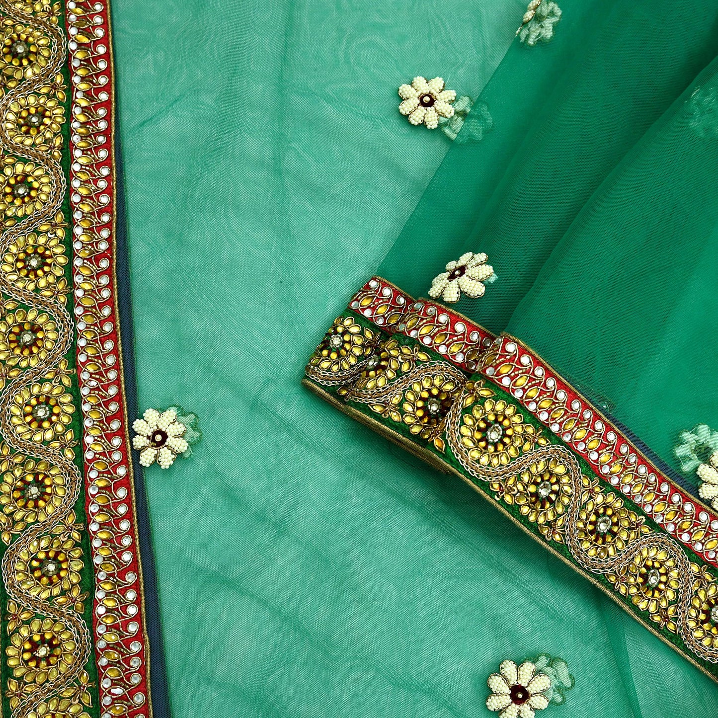 Indian Vintage Heavy Bridal Green Net Dupatta | Hand Embroidered Zardozi Zari Sequins Stole | Floral Design Hijab Veil | Wedding/Party Wear