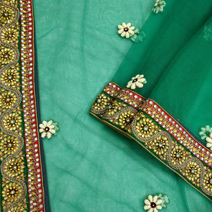Indian Vintage Heavy Bridal Green Net Dupatta | Hand Embroidered Zardozi Zari Sequins Stole | Floral Design Hijab Veil | Wedding/Party Wear