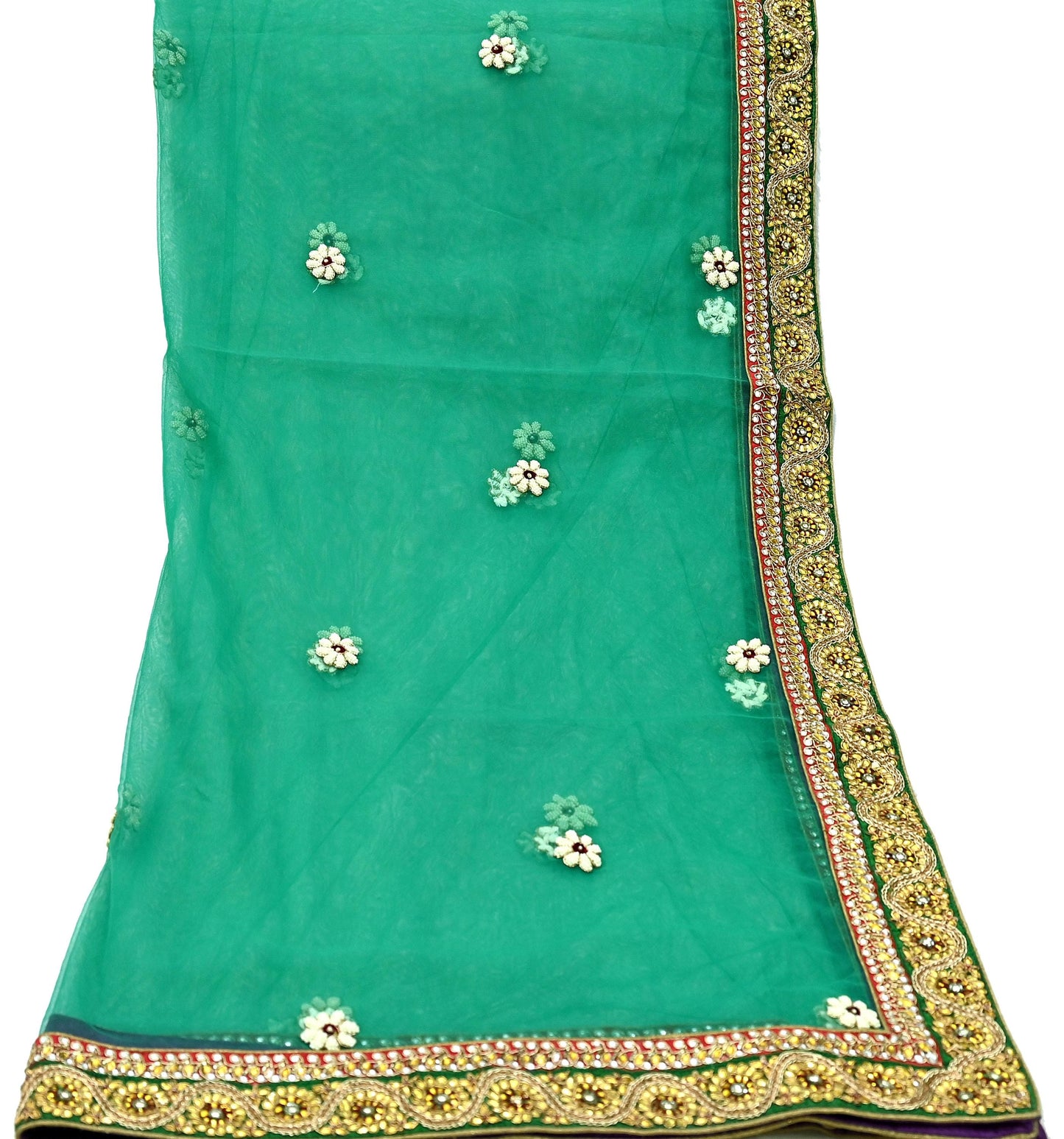 Indian Vintage Heavy Bridal Green Net Dupatta | Hand Embroidered Zardozi Zari Sequins Stole | Floral Design Hijab Veil | Wedding/Party Wear