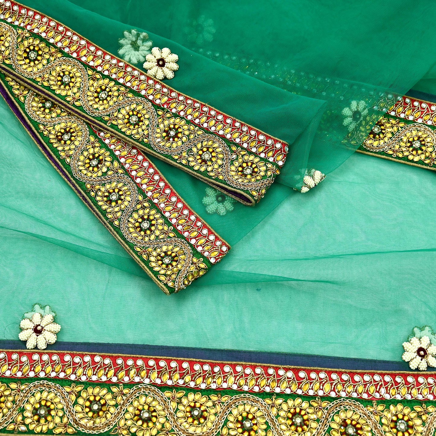 Indian Vintage Heavy Bridal Green Net Dupatta | Hand Embroidered Zardozi Zari Sequins Stole | Floral Design Hijab Veil | Wedding/Party Wear
