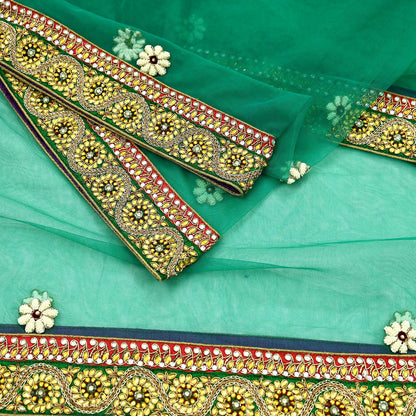 Indian Vintage Heavy Bridal Green Net Dupatta | Hand Embroidered Zardozi Zari Sequins Stole | Floral Design Hijab Veil | Wedding/Party Wear