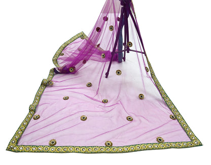 Indian Vintage Heavy Wedding Purple Dupatta Net Mesh Long Stole Hand Embroidered Scarves Golden Zardozi Dabka Zari Stole