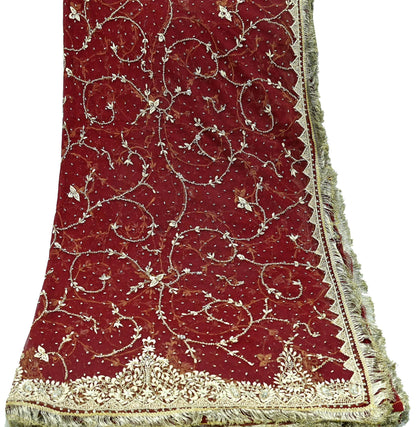 Indian Vintage Heavy Wedding Maroon Dupatta Net Mesh Long Stole Hand Embroidered Scarves Golden Zardozi Zari Sequins Dridal Veil Hijab