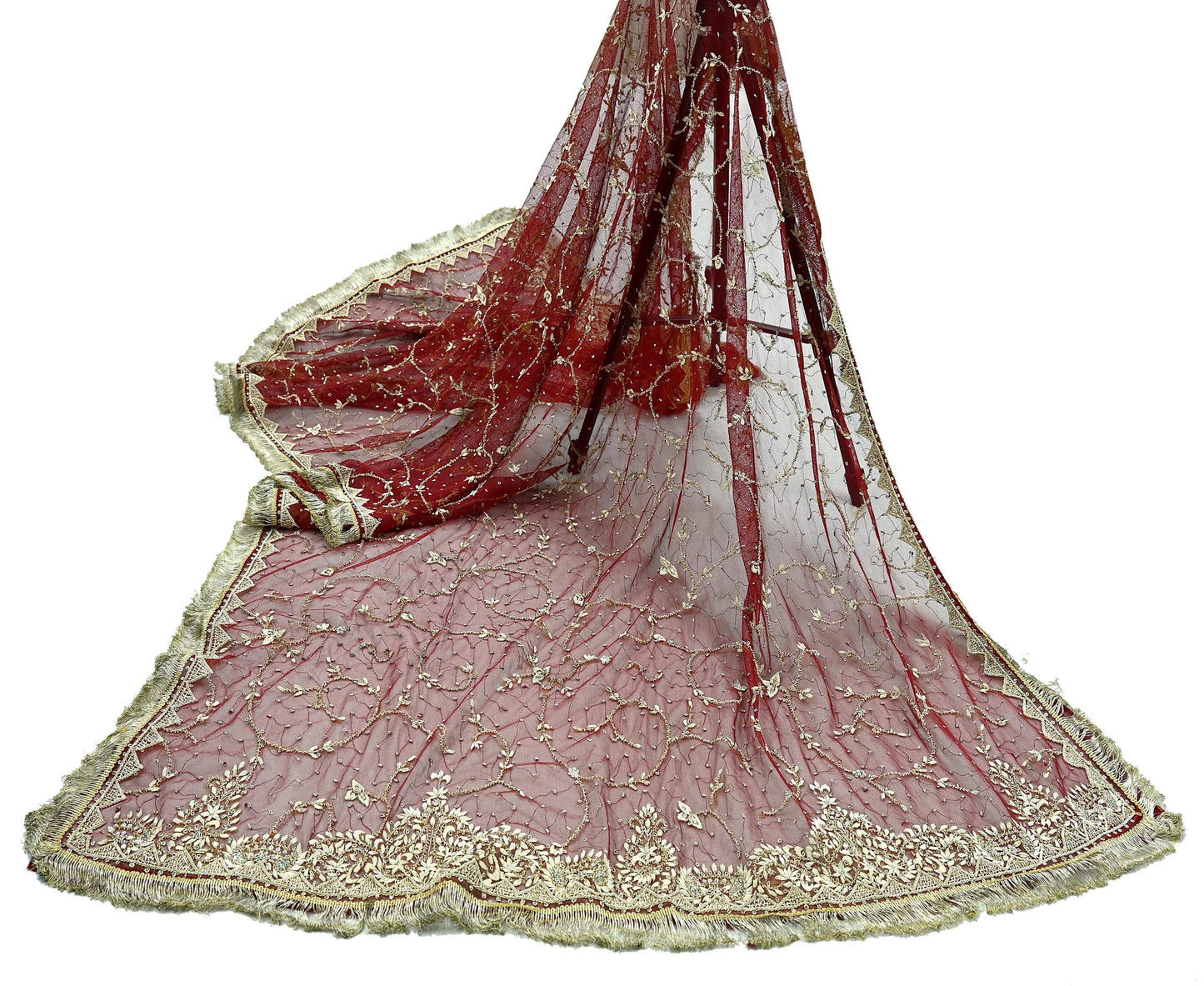 Indian Vintage Heavy Wedding Maroon Dupatta Net Mesh Long Stole Hand Embroidered Scarves Golden Zardozi Zari Sequins Dridal Veil Hijab