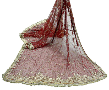 Indian Vintage Heavy Wedding Maroon Dupatta Net Mesh Long Stole Hand Embroidered Scarves Golden Zardozi Zari Sequins Dridal Veil Hijab