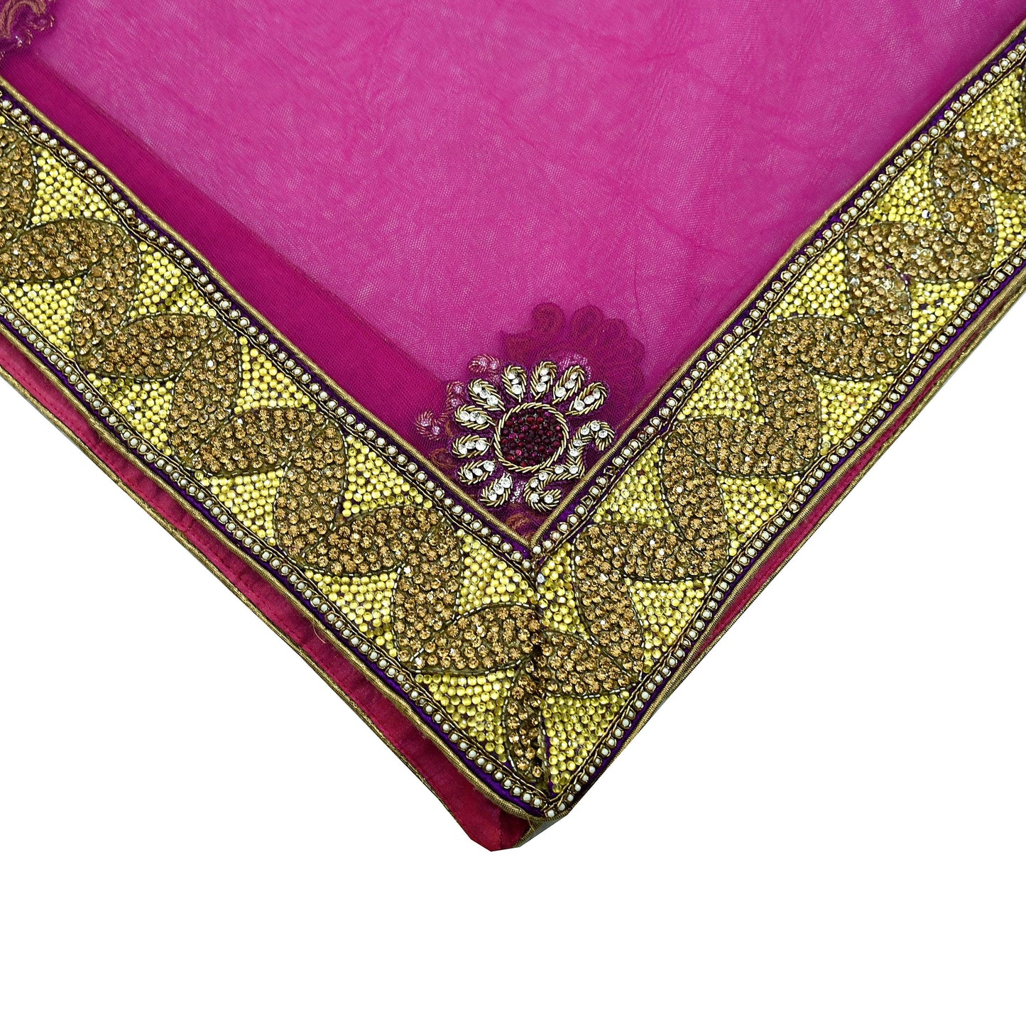 Indian Vintage Heavy Bridal Pink Dupatta Net Mesh Long Stole Hand Embroidered Scarves Golden Zardozi Dabka Zari Sequins Wedding Veil Hijab