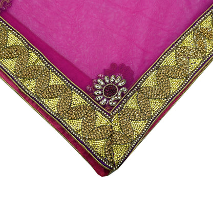 Indian Vintage Heavy Bridal Pink Dupatta Net Mesh Long Stole Hand Embroidered Scarves Golden Zardozi Dabka Zari Sequins Wedding Veil Hijab
