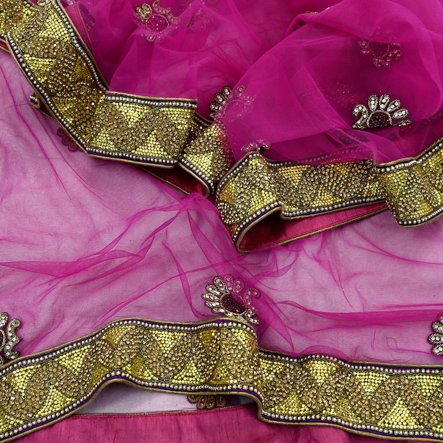 Indian Vintage Heavy Bridal Pink Dupatta Net Mesh Long Stole Hand Embroidered Scarves Golden Zardozi Dabka Zari Sequins Wedding Veil Hijab