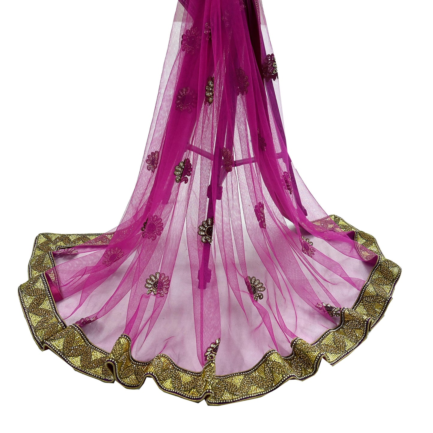 Indian Vintage Heavy Bridal Pink Dupatta Net Mesh Long Stole Hand Embroidered Scarves Golden Zardozi Dabka Zari Sequins Wedding Veil Hijab
