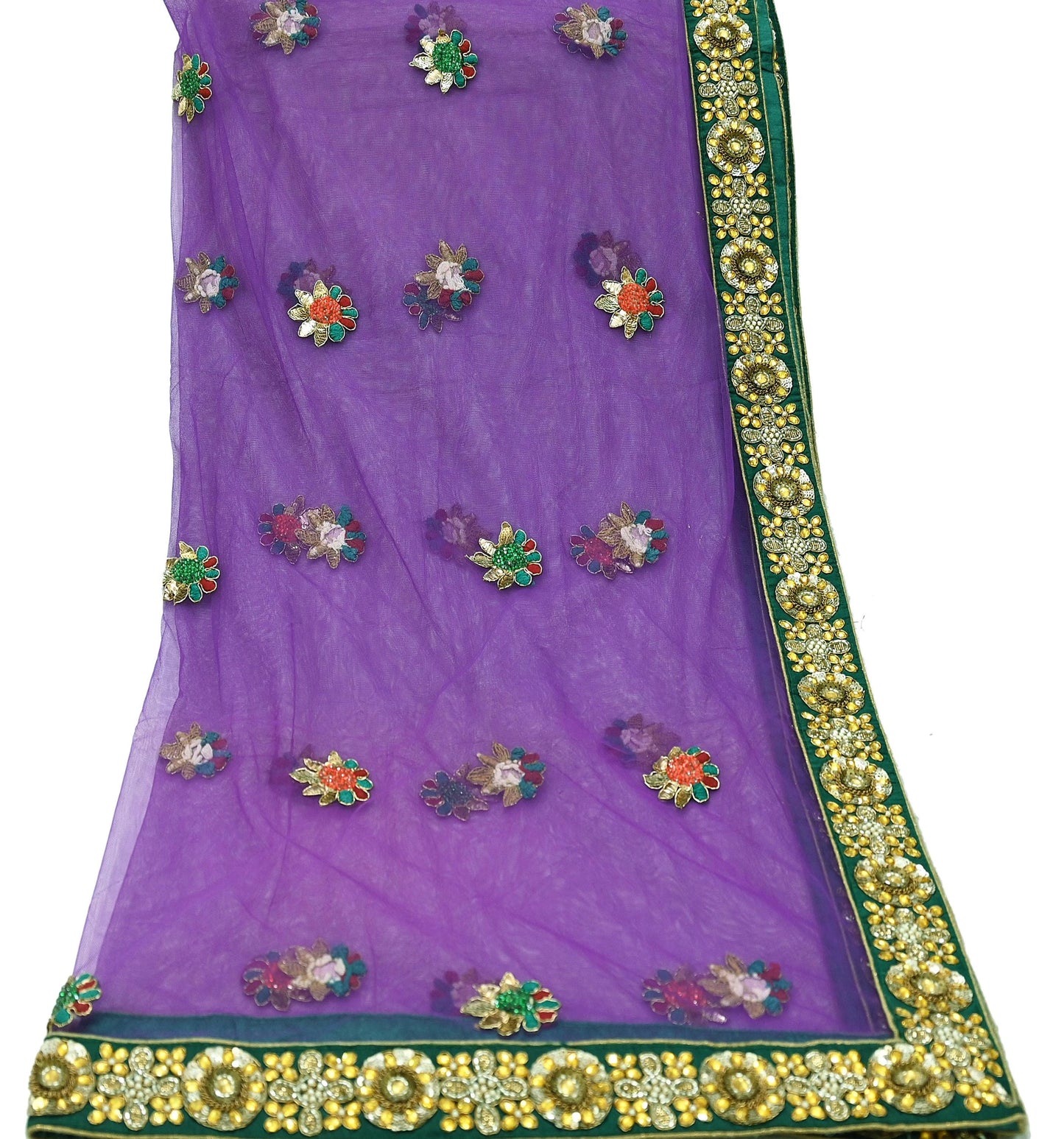 Indian Vintage Heavy Wedding Purple Dupatta Net Mesh Long Stole Hand Embroidered Scarves Golden Zardozi Dabka Zari Stole