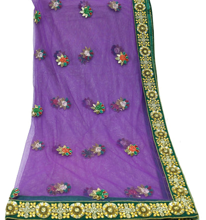 Indian Vintage Heavy Wedding Purple Dupatta Net Mesh Long Stole Hand Embroidered Scarves Golden Zardozi Dabka Zari Stole