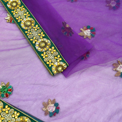 Indian Vintage Heavy Wedding Purple Dupatta Net Mesh Long Stole Hand Embroidered Scarves Golden Zardozi Dabka Zari Stole