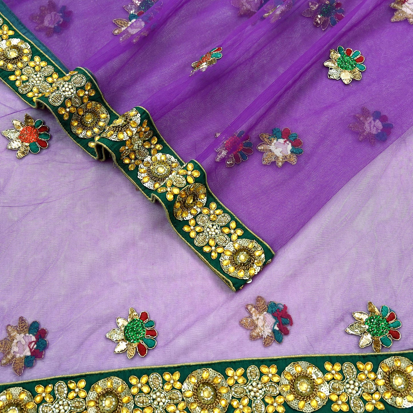 Indian Vintage Heavy Wedding Purple Dupatta Net Mesh Long Stole Hand Embroidered Scarves Golden Zardozi Dabka Zari Stole
