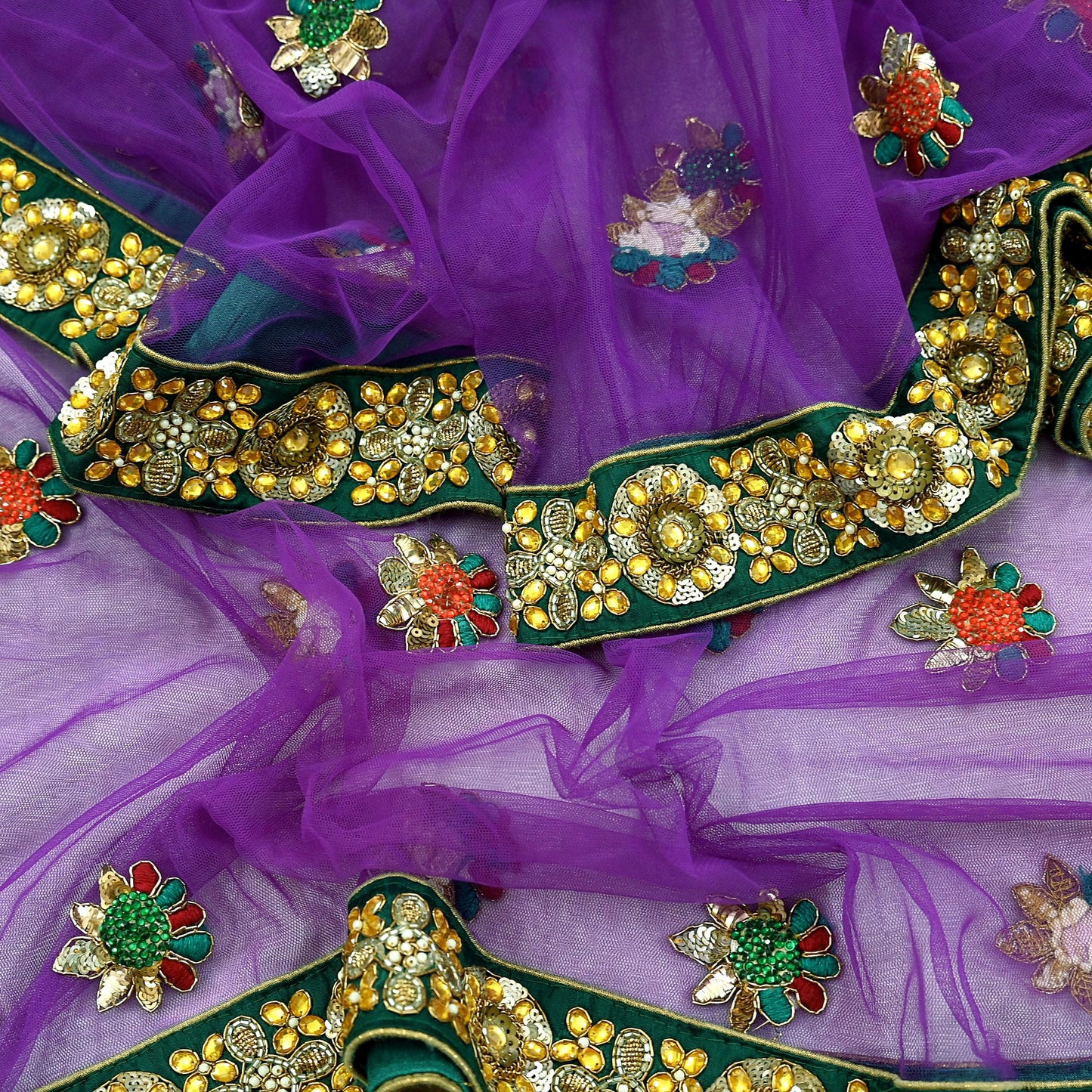 Indian Vintage Heavy Wedding Purple Dupatta Net Mesh Long Stole Hand Embroidered Scarves Golden Zardozi Dabka Zari Stole