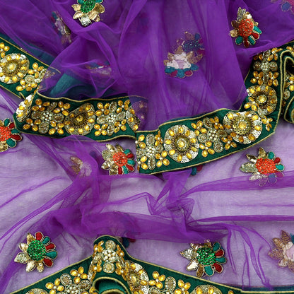 Indian Vintage Heavy Wedding Purple Dupatta Net Mesh Long Stole Hand Embroidered Scarves Golden Zardozi Dabka Zari Stole