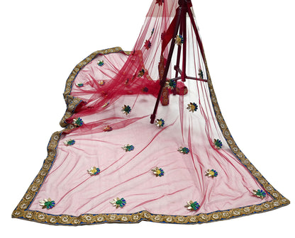 Indian Vintage Heavy Wedding Red Dupatta Net Mesh Long Stole Hand Embroidered Scarves Golden Zardozi Dabka Zari Stole